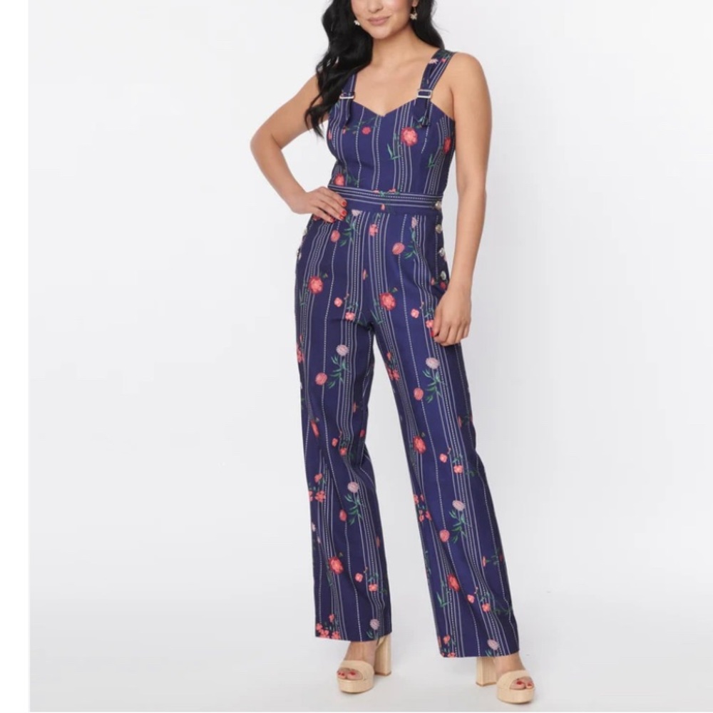 Unique Vintage Navy Floral Striped Jumpsuit